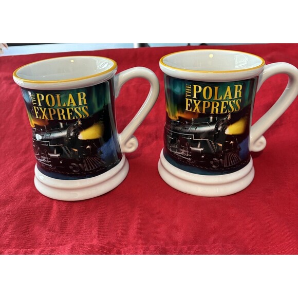 Polar Express Movie Ceramic Warner Bros Christmas Coffee Hot Coco Mug Set Of 2 - Picture 1 of 5